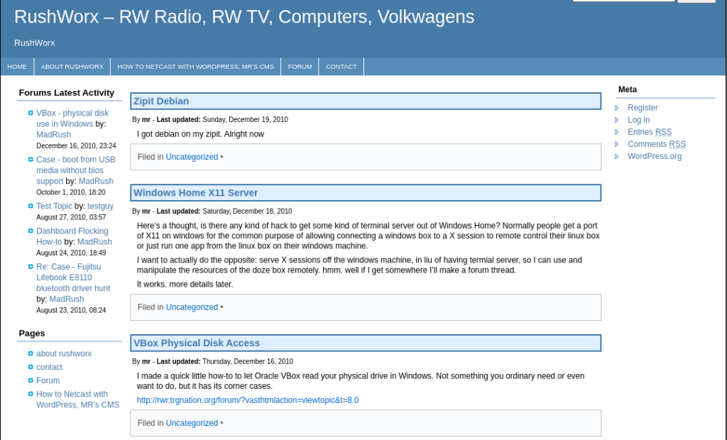 old screenshot of rushworx.net from 2010 showing articles about running Debian on a Zipit, contemplating hosting X11 on windows server, virtualbox vm physical disk access, booting usb media without bios support, dashboard flocking, fujitsu lifebook E8110 bluetooth. 